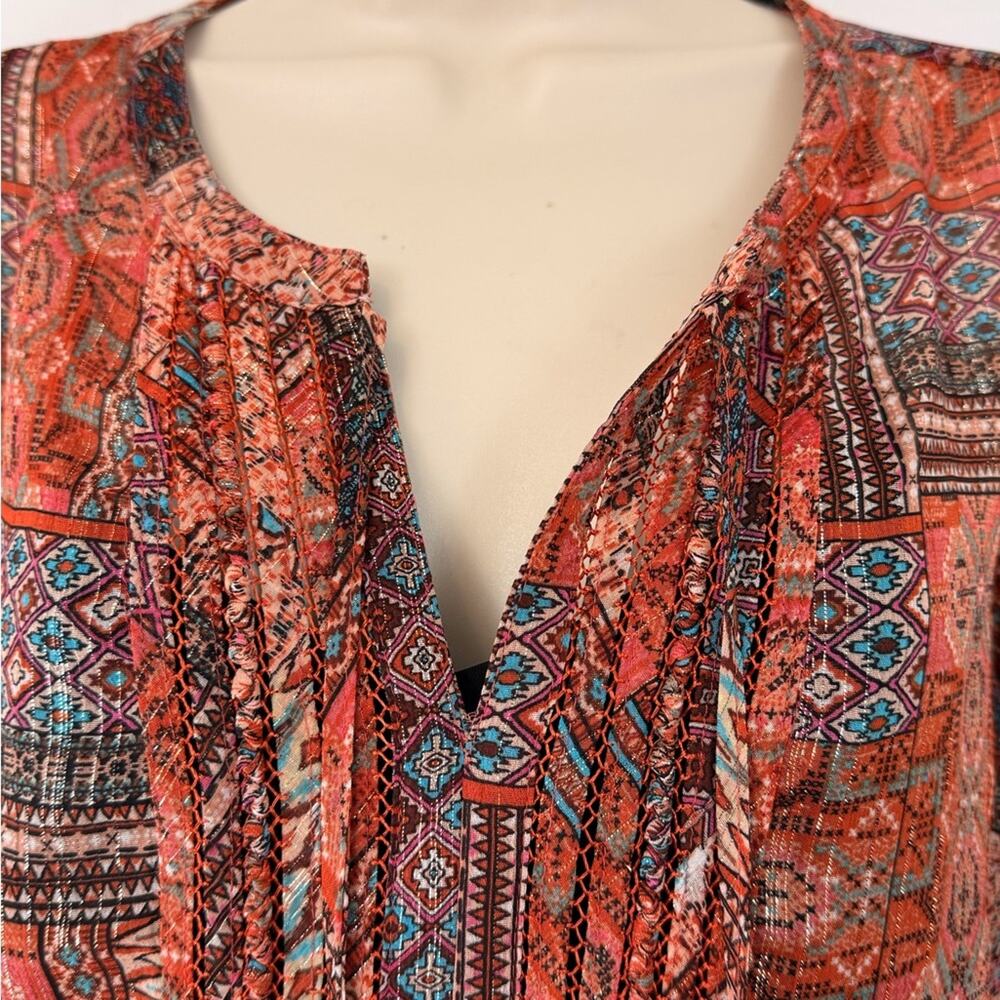 Pale Sky Orange Blue Bohemian style Top Silver threads Camisole Smocking V Neck - Picture 7 of 16